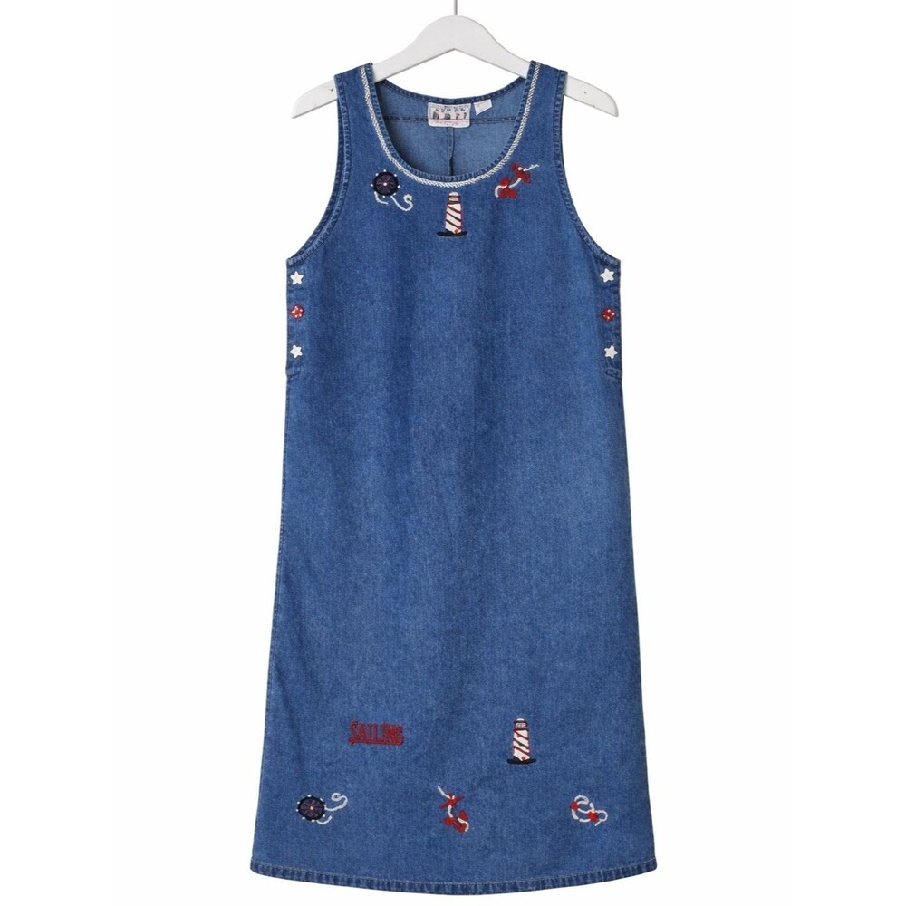 Keren Hart Vintage Medium Wash Denim Nautical Coastal Embroidered Shift Dress